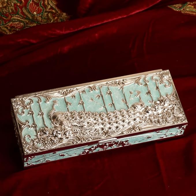 Peacock Inspired Enamel & Silver Plated Jewelry Box
