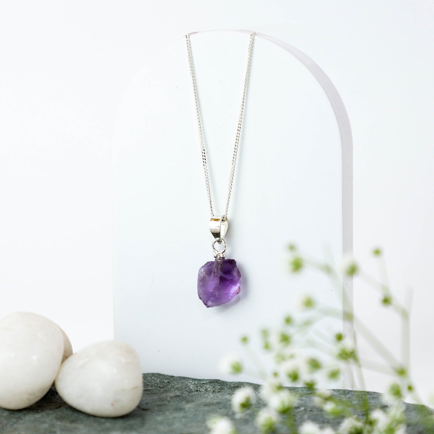 Raw Amethyst Uncut Crystal Pendant Necklace in Sterling Silver
