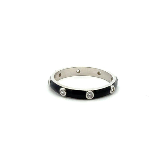 Black Enamel Band Ring with Crystal Accents