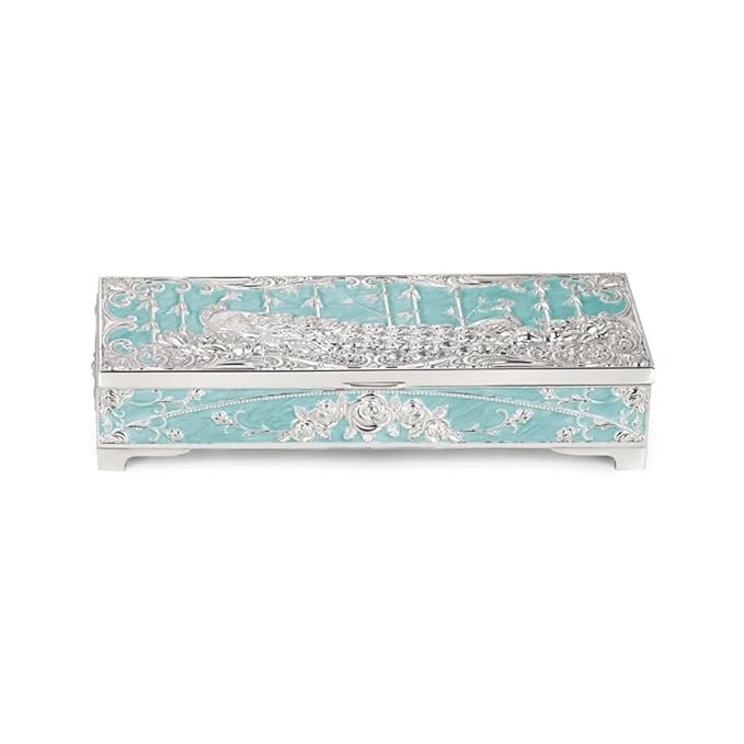 Peacock Inspired Enamel & Silver Plated Jewelry Box