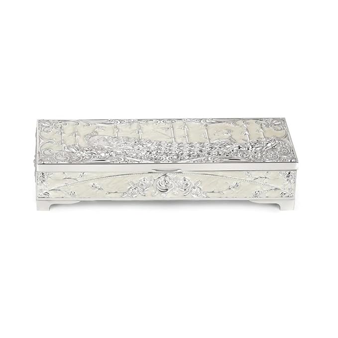 Peacock Inspired Enamel & Silver Plated Jewelry Box