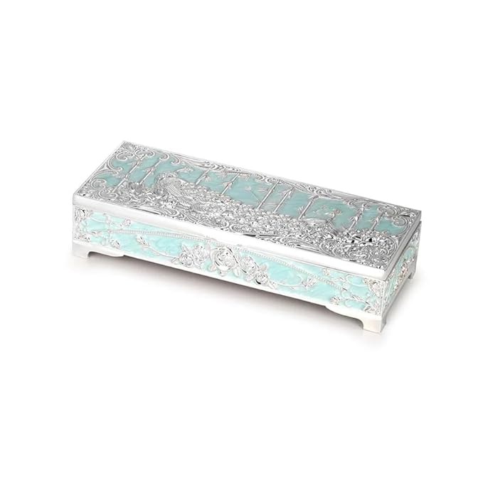 Peacock Inspired Enamel & Silver Plated Jewelry Box