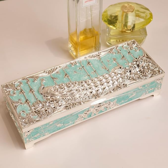 Peacock Inspired Enamel & Silver Plated Jewelry Box