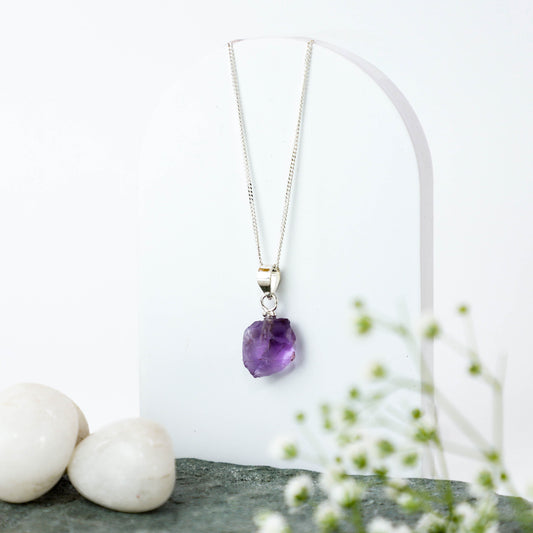 Raw Amethyst Uncut Crystal Pendant Necklace in Sterling Silver