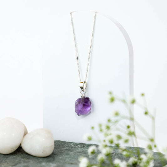 Raw Amethyst Uncut Crystal Pendant Necklace in Sterling Silver