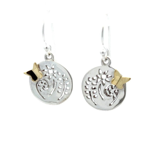 Silver Floral Disc Earrings with Golden Butterfly Charm