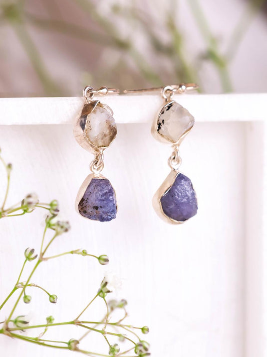 Raw Uncut Crystal & Tanzanite Drop Earrings