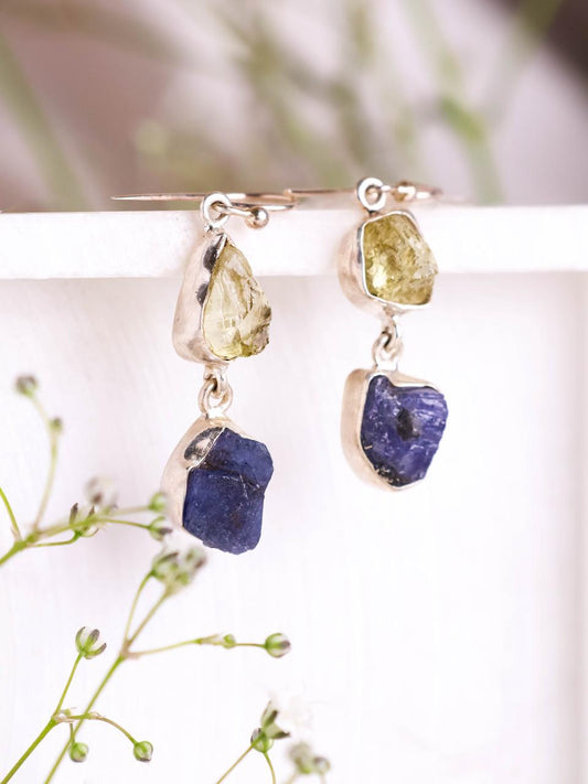 Raw Crystal Uncut Tanzanite and Peridot Dangle Earrings