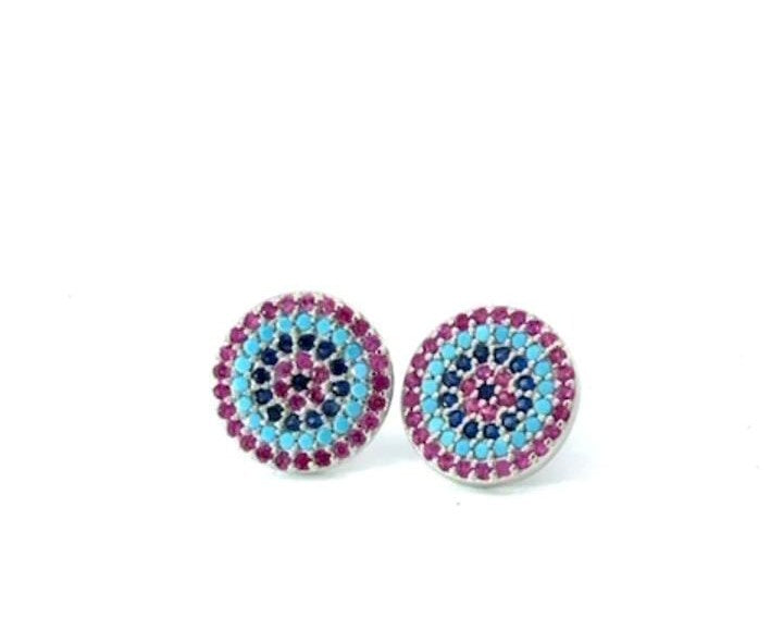 Vibrant Mandala Stud Earrings  Multicolor Crystal Sterling Silver