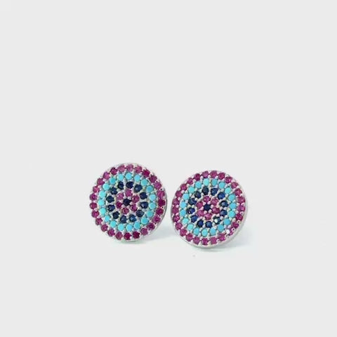 Vibrant Mandala Stud Earrings  Multicolor Crystal Sterling Silver